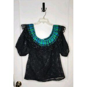 Vtg Square Dance 2 Piece Outfit Skirt Blouse Sz M Lace USA Made Blue Green Plaid